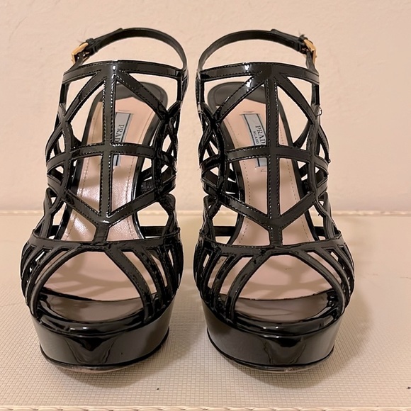 Prada Black Patent Leather Caged Platform Heels - Picture 2 of 16